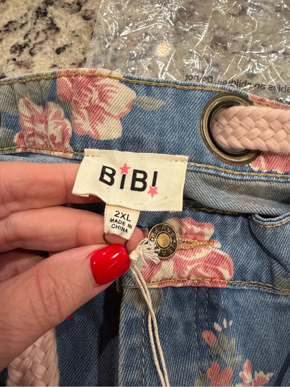 BiBi Denim Jeans with Pink Rose Print and Rope Tie - Picture 5 of 5